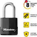 Master Lock Black Key Lock, Heavy Duty Weather Resistant Padlock with Cover, Keyed Alike Padlocks for Outdoor Use, 4 Pack, M115XQLF