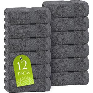 White Classic Dark Gray Washcloths Set for Body and Face Towel, Cotton Wash Cloths Bulk 12 Pack, Spa Fingertip Wash Clothes 12x12 Inch, Soft Absorbent Gym Towels