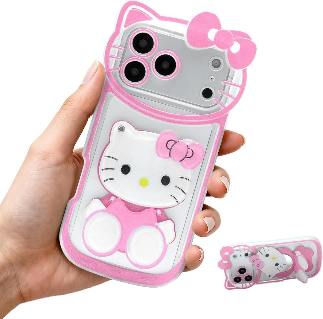 Cartoon Case for iPhone 17 Air 6.5'', Cute Cat Phone Holder Stand with Makeup Mirror, Kawaii Phone Cases, Funny Cool Unique Protective Cover for Women Teen Girls Kids (Pink)