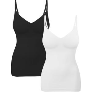 EUYZOU Womens 2PK Tummy Control Shapewear Tank Tops Seamless V-Neck Compression Tank Tops Body Shaper Camisole, Black/White XL