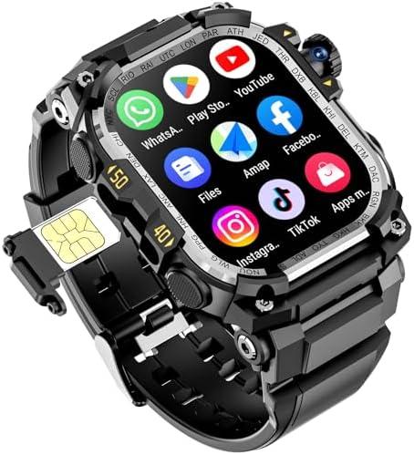 4G SIM Card Android Smartwatch with GPS & WiFi, Military Outdoor Watch for Men, App Downloadable, 2.06" AMOLED Large Screen for Video Chat, HD 180° Rotatable Camera, Health Activity Tracker (Black)
