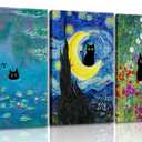 3 pcs Funny Black Cat Wall Art in pink Water Lilies Cat Posters Vintage Starry Sky Famous Oil Paintings Aesthetic Animal Floral Canvas Prints for Bedroom Living Room Bathroom Wall Decor 16x24in Canvas