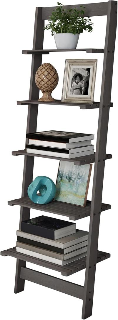 5-Tier Ladder Shelf - 50-Inch Narrow Leaning Bookshelf - Wooden Bookcase for Living Room, Bathroom, Kitchen, Office, or Bedroom Furniture by Lavish Home (Gray) (Grey)