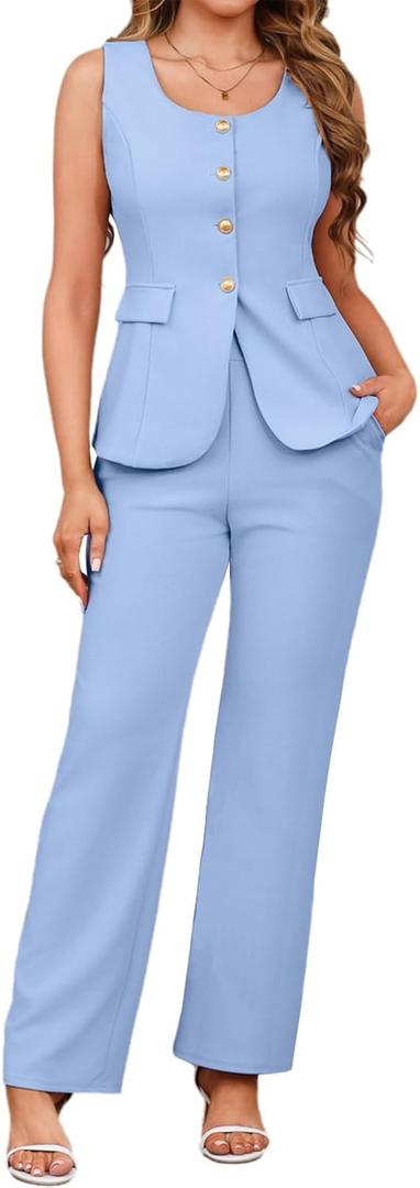 Womens Vest Sets 2 Piece Outfits Pant Suits for Women Dressy Sleeveless Blazer and Wide Leg Pants Set Business Casual, Small