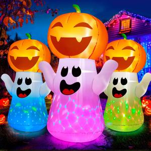 5FT Halloween Inflatables Pumpkin Ghost Built-in 3-Pattern Colorful Flashing Light, Cute Halloween Blow Up Yard Decorations for Indoor Outdoor Home/Holiday/Party/Yard/Lawn (1PCS)