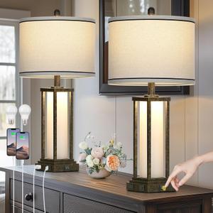 27" Tall Vintage Table Lamp Set of 2 with USB C+A & Outlet,Bronze Industrial End Table Lamp for Living Room,Farmhouse Rustic Bedside Lamps with Frosted Glass Night Light for Bedroom Nightstand,Bronze