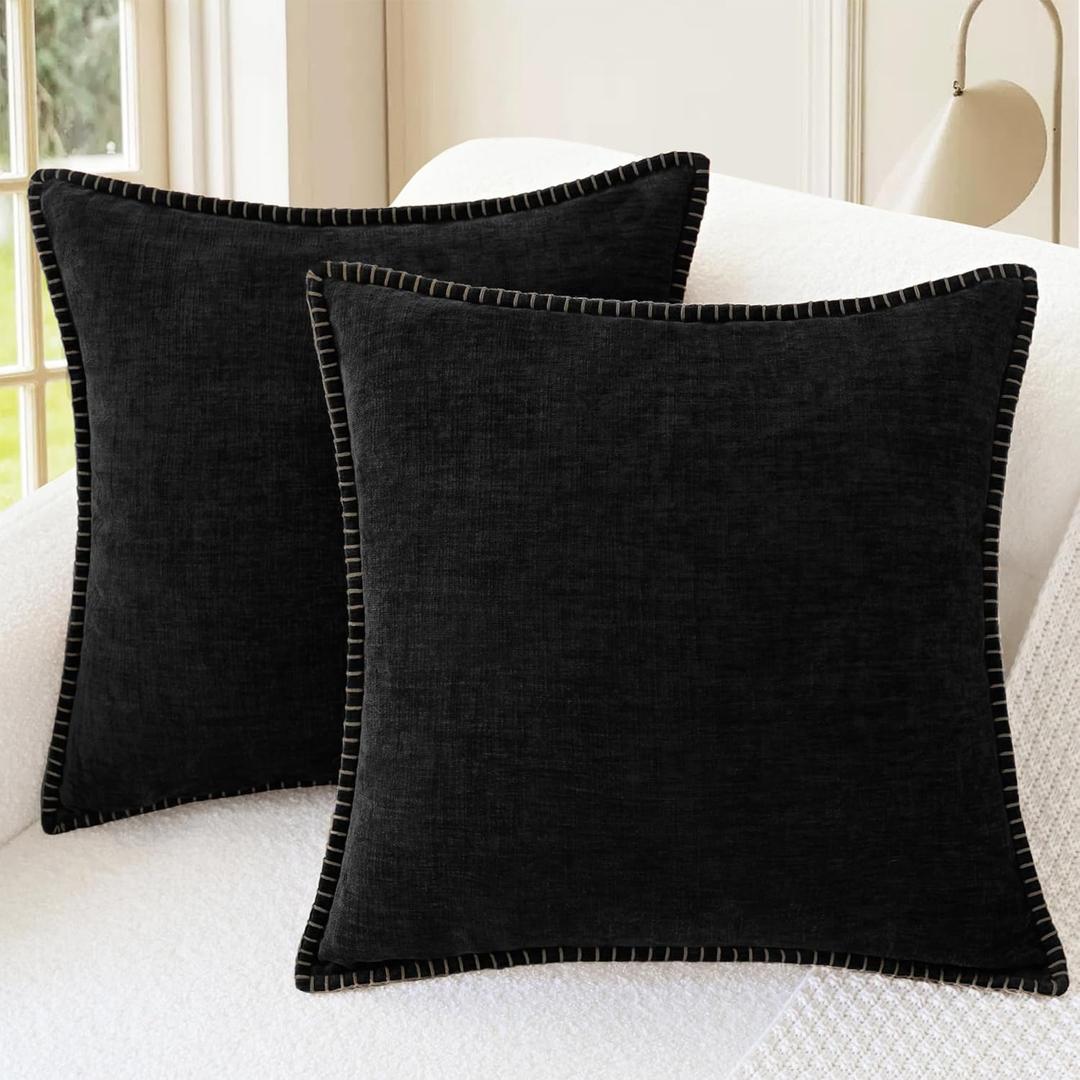 CaliTime Throw Pillow Covers Decorative 26 X 26 Inches Pack of 2 Cotton Thread Stitching Edges Solid Dyed Soft Chenille Cushion Cases for Couch Sofa Bed Living Room Farmhouse Black