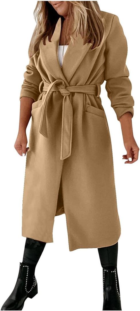 Womens Notch Lapel Wool Blend Jackets Maxi Long Peacoat Trench Coats Casual Business Winter Fall Outerwear Overcoats