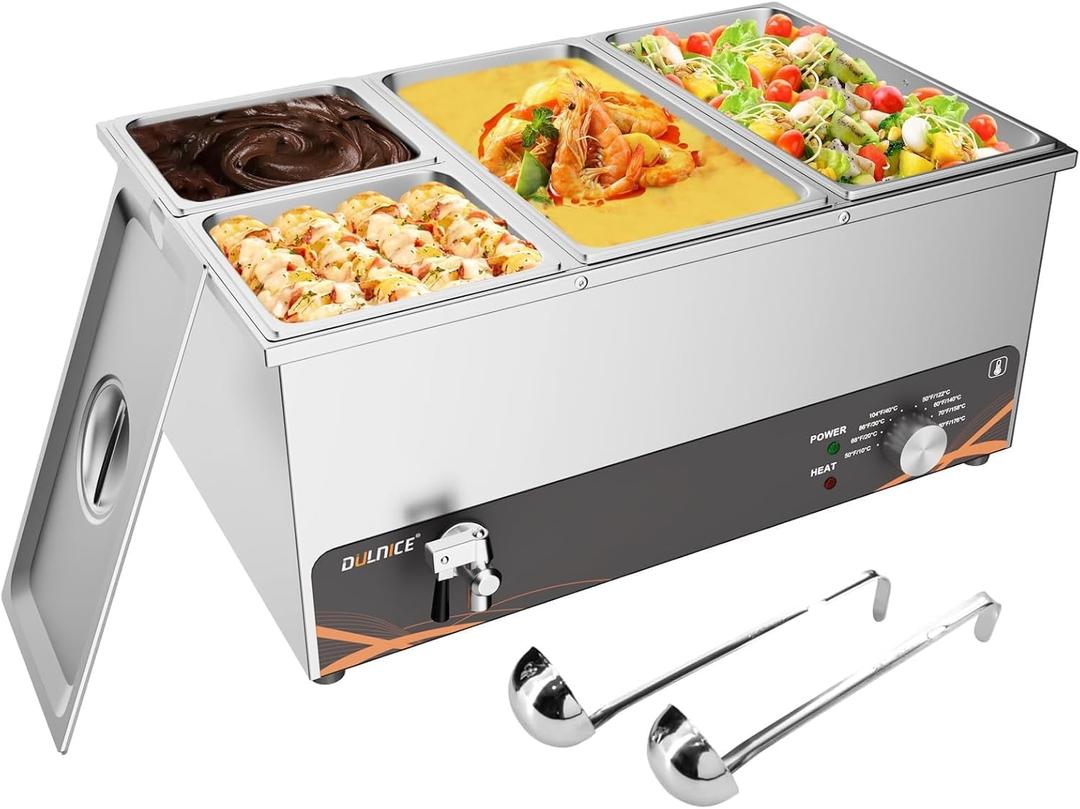 Commercial Food Warmer, 4 Pan Bain Marie Stainless Steel Electric Food Warmers, 1500W Buffet Warmer Soup Warmer with Temperature Control, Tap, Soup Spoon, for Catering, Parties, Restaurants (2*1/3+2*1/6 GN Pans)
