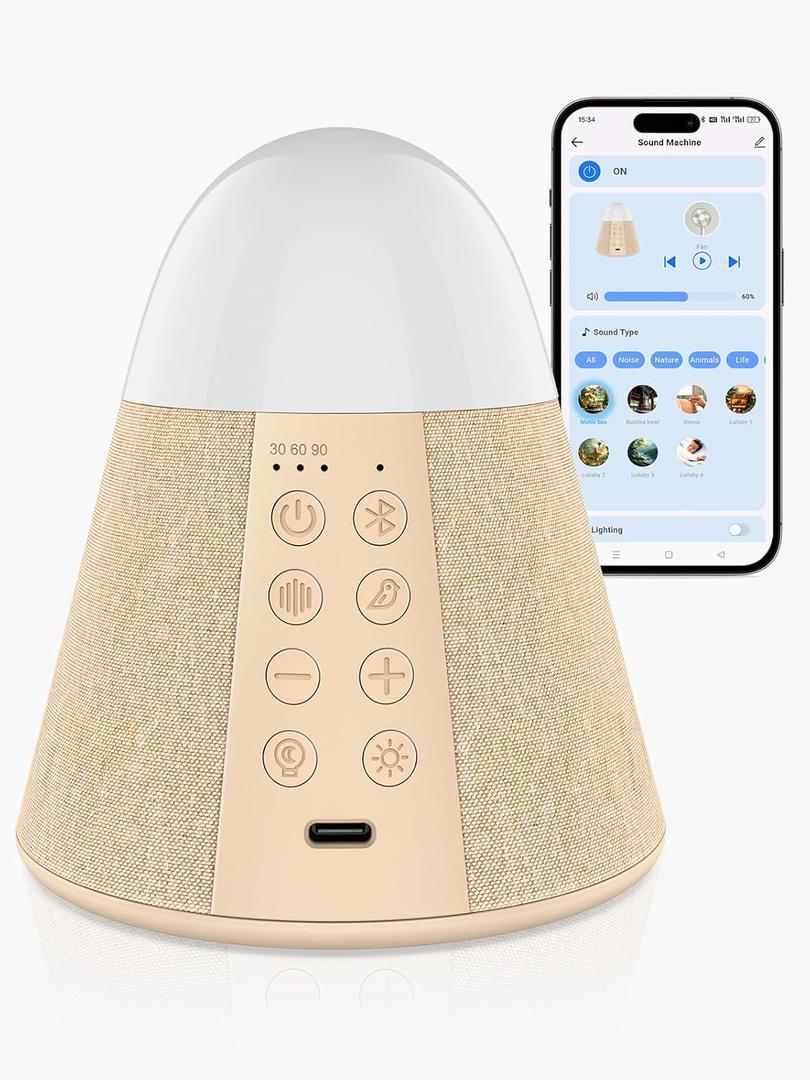 Vanzon Baby Sound Machine, Smart App Control White Noise Machine with 54 Soothing Sounds & 15 RGB Night Light Modes and Auto-Off Timer, Suitable for Adults & Kids Sleeping (Wheat)