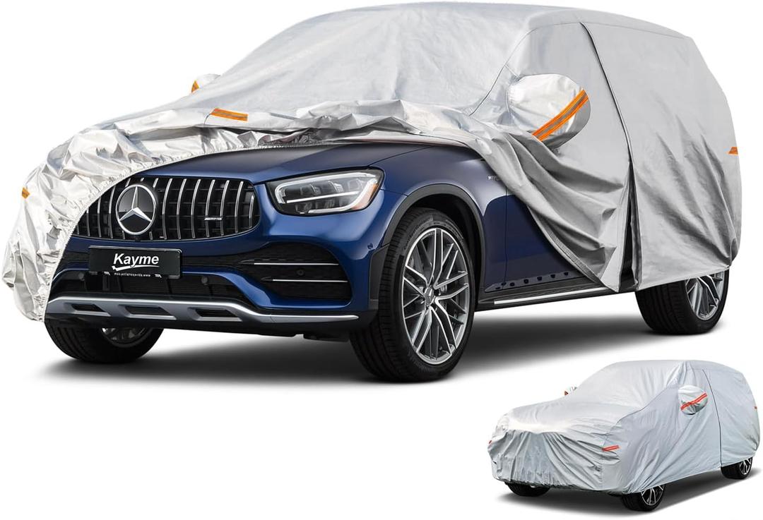 Kayme 6 Layers SUV Car Cover Waterproof All Weather for Automobiles, Outdoor Full Size Cover Rain Sun UV Protection with Zipper Cotton, Universal Fit for SUV Jeep (182-190 inch) (Aluminum-Silver)