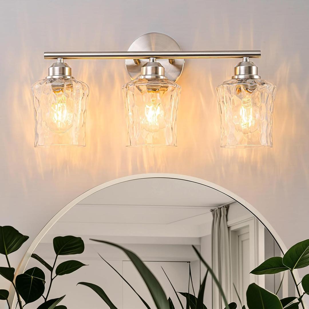 WILON Modern Bathroom Vanity Light, 3-Light Brushed Nickel Vanity Lighting with Hammered Glass Shade, Corrosion-Resistant for Bathroom Vanity, Bedroom, Hallway