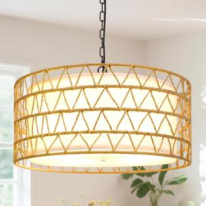 20" Rattan Chandelier Farmhouse Light Fixtures, 5-Light Boho Chandeliers for Dining Room, Fabric Lamp Shade for Living Room, Bedroom, Hallway Rattan Pendant Light Fixture, E26