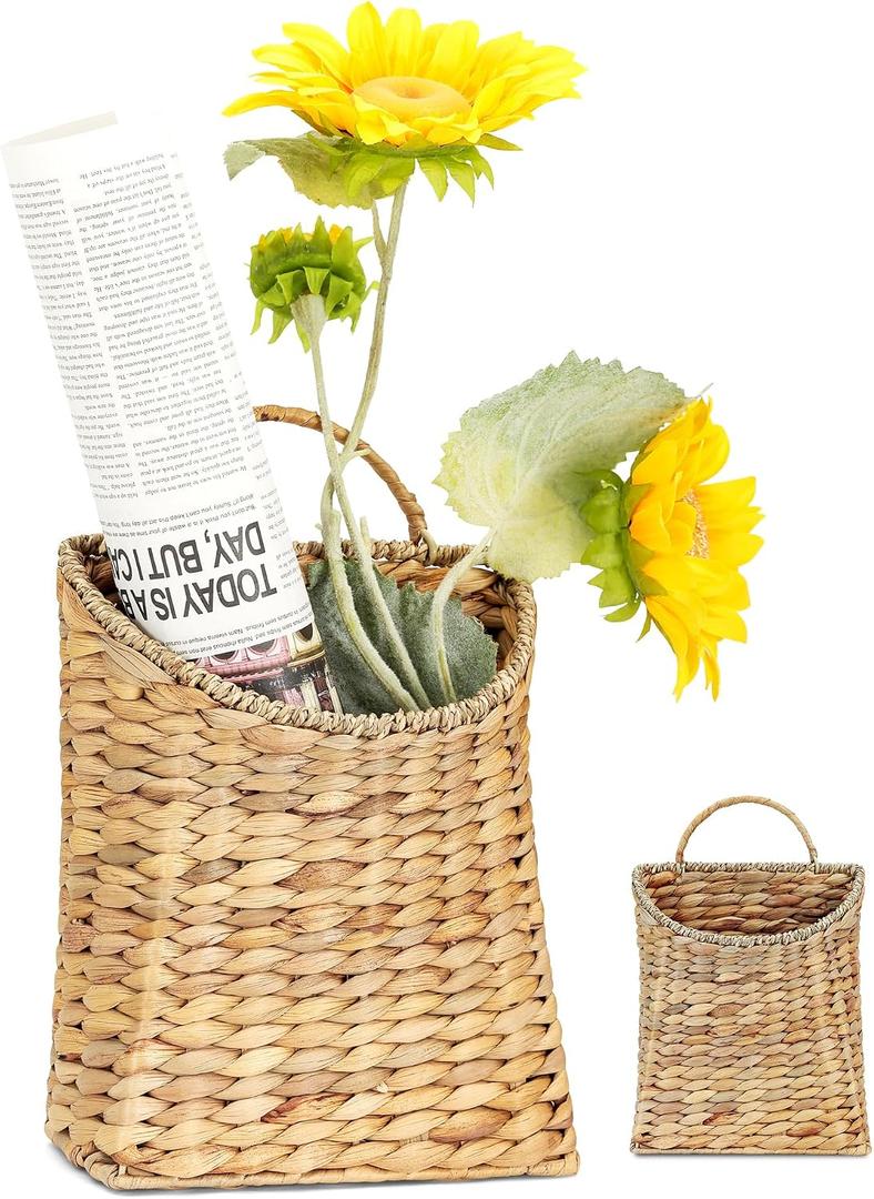 Front Door Basket - Rustic Farmhouse Hanging Door Basket, 13x8.5 Inch Water Hyacinth Hanging Woven Basket with Seagrass Mouth for Plants, Mail & Flowers Storage, Entryway Home Decor