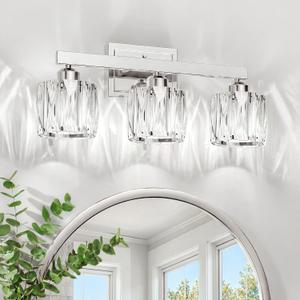 VOLISUN Crystal Vanity Lights for Bathroom, 3 Light Bathroom Vanity Light, Modern Stainless Steel Bathrooms Lights Over Mirror, Chrome Bathrooms Lights Fixtures-UL Certificated(Exclude Bulb)