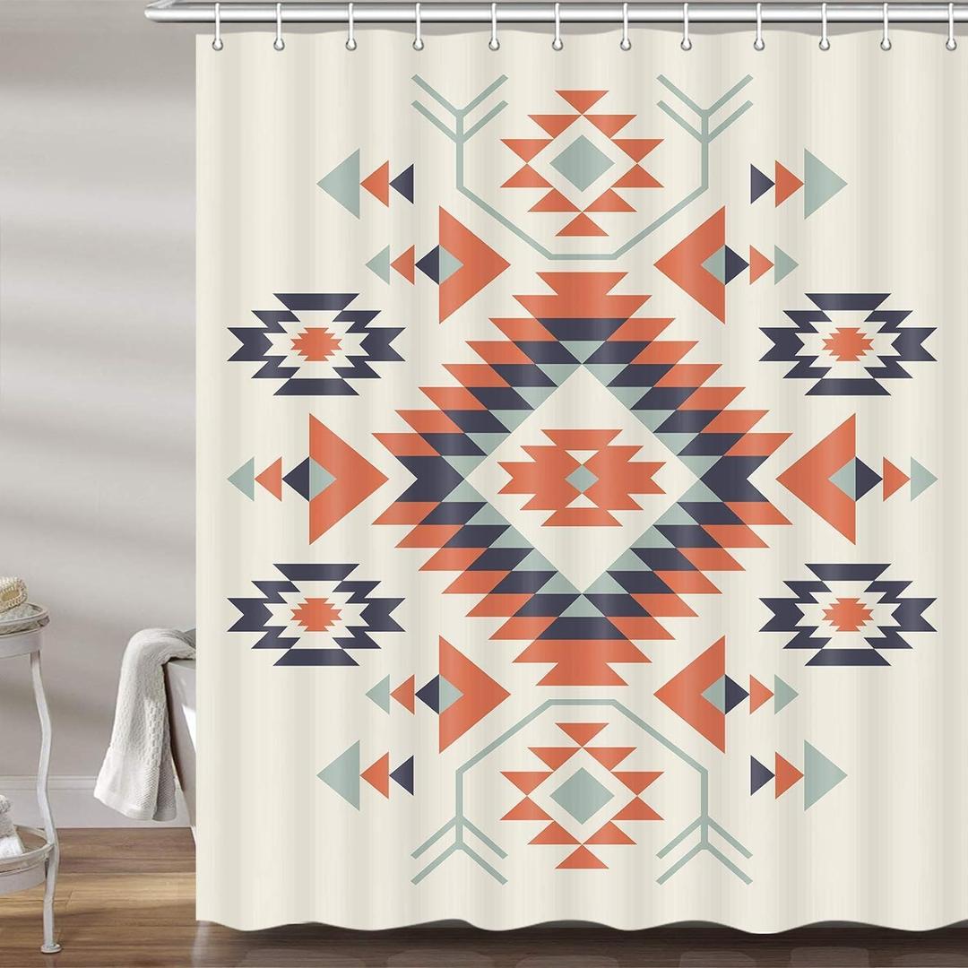 Southwestern Decor Shower Curtain for Bathroom, Southwest Native American Pattern Tribal Navajo Bohemian Fabric Shower Curtains Set, Western Aztec Geometric Restroom Accessories with Hooks 72X72 IN (Beige)