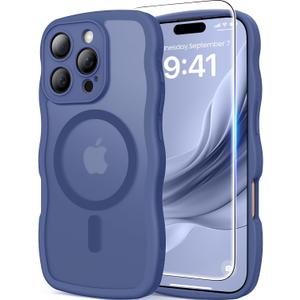 3 in 1 Magnetic for iPhone 16 Pro Max Case, 1X Screen Protector+1X Wrist Strap, Cute Wavy [Full Camera Protection] [Fit for MagSafe], Trendy Women Girls Case for iPhone 16 Pro Max 6.9", Deep Blue