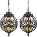 Globe Outdoor Pendant Lights for Porch Patio Garage, Matte Black Aluminum Anti-Rust Hanging Light Fixture, Industrial Round Amber Glass Exterior Chandelier, Outside Pendant Lamp, 2 Pack