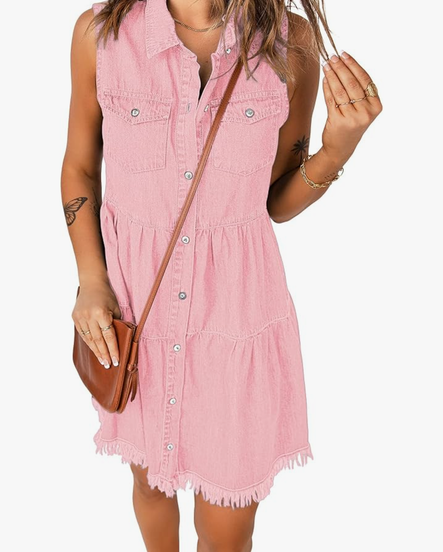 luvamia Women's Casual Summer Lapel Sleeveless Button Down Short Denim Jean Dress L