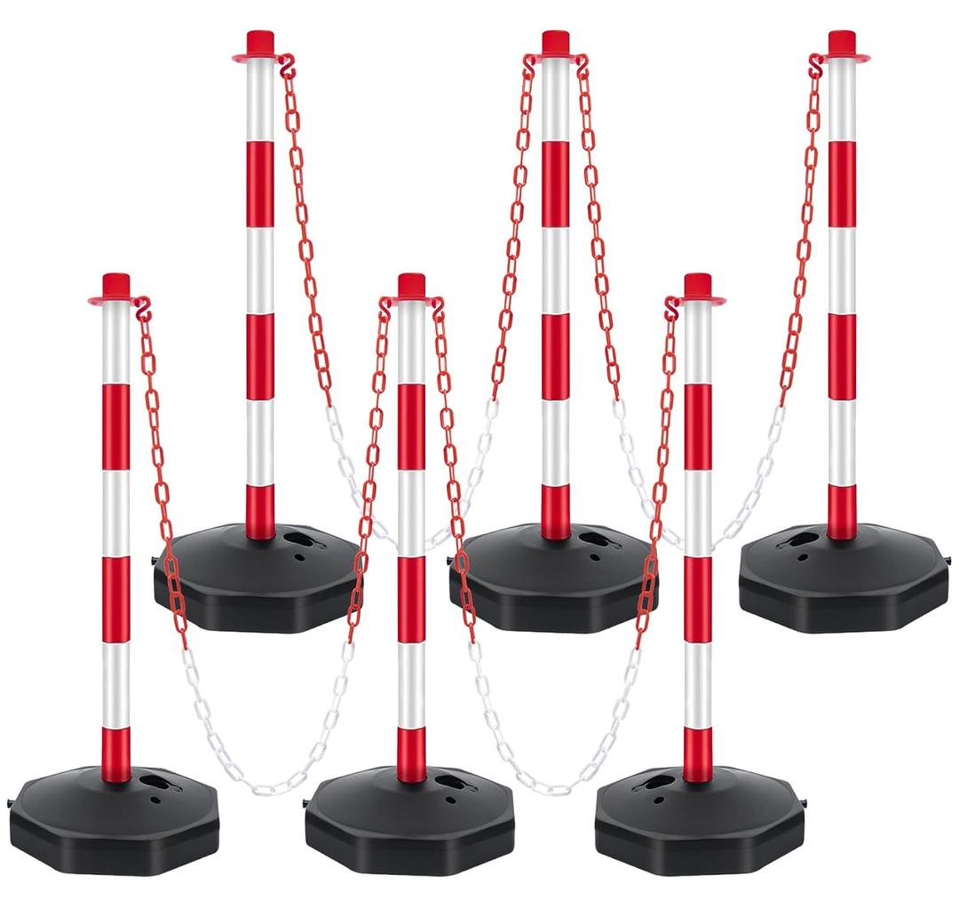 Delineator Post with Base, Traffic Delineator Posts, Traffic Safety Barrier with 5FT Plastic Chain, Traffic Safety Delineator Cones for Parking Lot, Construction Lot (6 Pack)