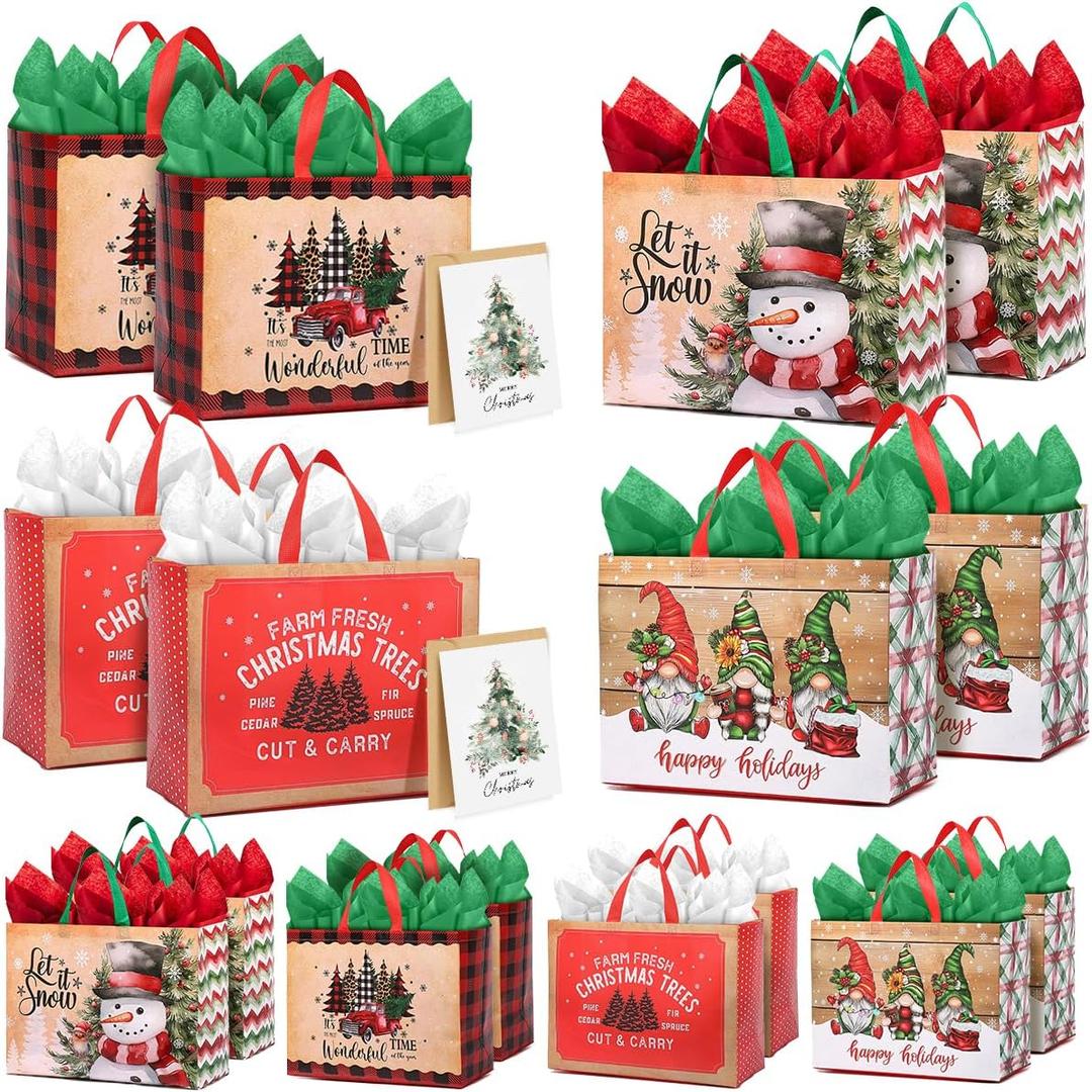 YOPPIX 16 Pack Large Christmas Gift Bag, Christmas Gift Wrapping Kit, Reusable Christmas Tote Bags, Non-Woven Shopping Bags for Xmas Gifts Wrapping Holiday Party Supplies