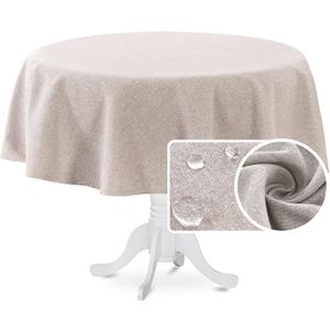 H.VERSAILTEX Linen Textured Tablecloth Round 70 inch Waterproof Decorative Table Cloth Spill-Proof Linen Look Cover for Party Table Extra Soft and Thick Fabric Wrinkle Free, Heather Sand