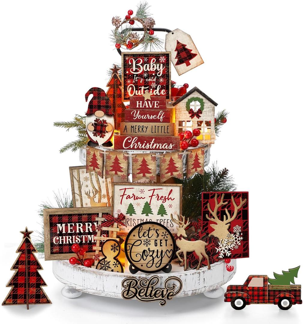 Shellwei 24 Pcs Christmas Tiered Tray Decor Wood Rustic Christmas Decoration for Home Table Shelf Winter Farmhouse Decor Xmas Trees Gnome Elk Snowflake Signs (Buffalo Plaid)