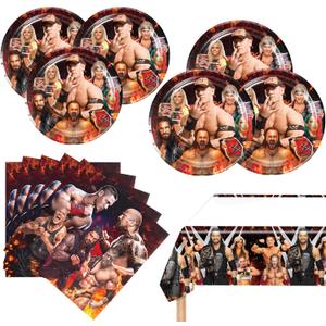 41Pcs Wrestling Birthday Decorations Include 20 Plates, 20 Napkins and 1 Tablecover for Wrestling Birthday Party Supplies