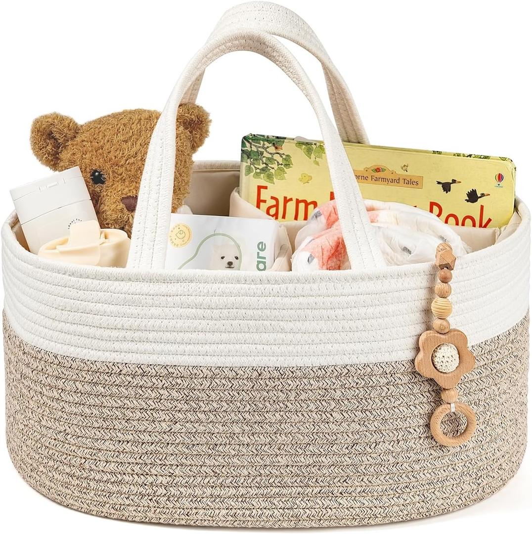 Diaper Caddy Organizer, Empty Gift Basket for Newborn Essentials, Baby Storage Basket, Stylish Gift Bag for Baby Shower, Boys and Girls Extra Large, White and Beige Brown