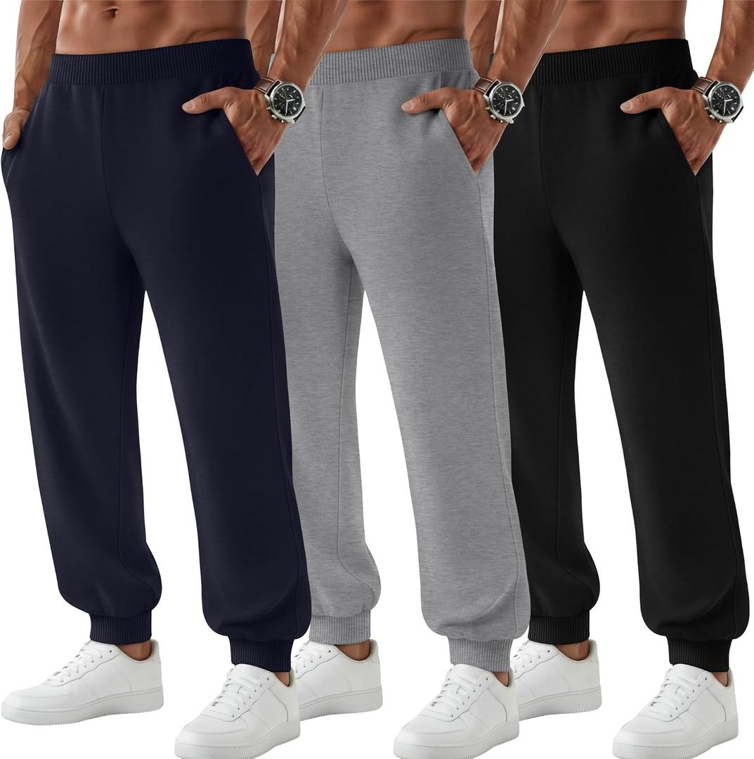 August Alley 3 Pack Men's Sweatpants Tapered Joggers with Pockets Baggy Pants Active Athletic Workout Casual Clothing Large