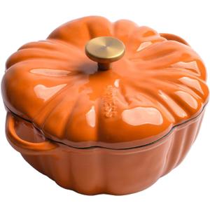 Cast Iron Dutch Oven, 6.3 Inch Pumpkin Shape Cooking Pot Enamel Pot with Lid and Handles, Mini Non-Stick Stew Pots for Halloween Decor (Orange)