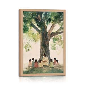 Framed Jesus With Children Wall Art, Christian Jesus Teaching Kids Wall Decor Paintings, Religious Bible Canvas Print Pictures for Nursery Kids Room Prayer Room Home Decor Wood 16x24in
