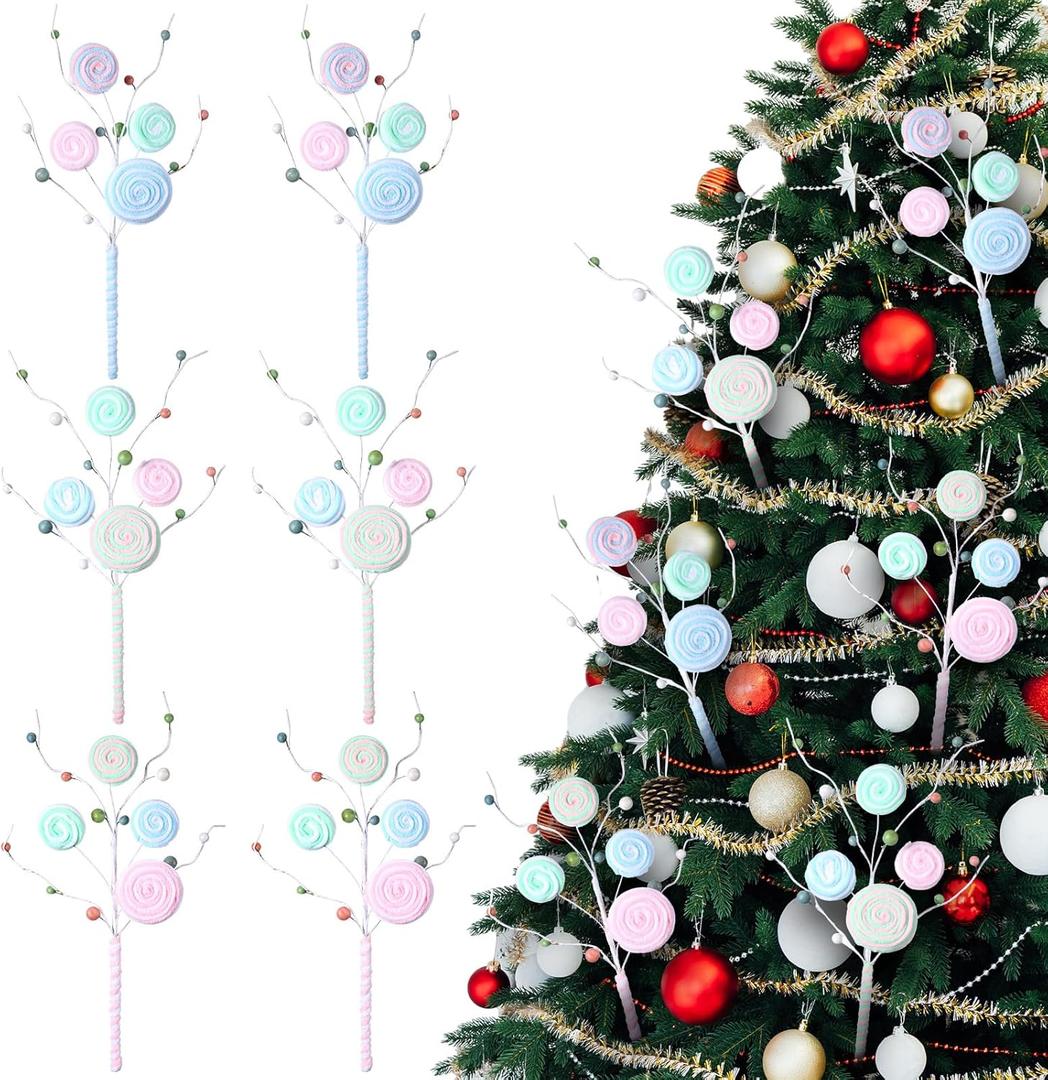 Jutom 6 Pcs Christmas Tree Picks Pastel Candy Cane Ornaments Bulk Red Green Pink White Striped Lollipop Decor for Xmas Tree Holiday Advent Calendar Home Decorations