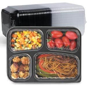 Meal Prep Containers 34oz 40 Pack - BPA Free PP Plastic Shrink Wrap & Leak Proof Takeout Box | Dishwasher Freezer & Microwave Safe Reusable for Bulk Cooking | Black 4 Compartment Food container