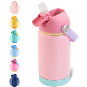Kerilyn 12oz Insulated Water Bottle, Stainless Steel Insulated Kids Water Bottle, Toddler Cup with Straws Leak-Proof, Kids Water Bottles for School Boys Girls, BPA Free, Charm Pink