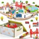 Tiny Land 110pcs Wooden Train Set with Folding Storage Box, Wooden Train Track Toy for Boys & Girls, Age 3-7, Includes Convenient Storage