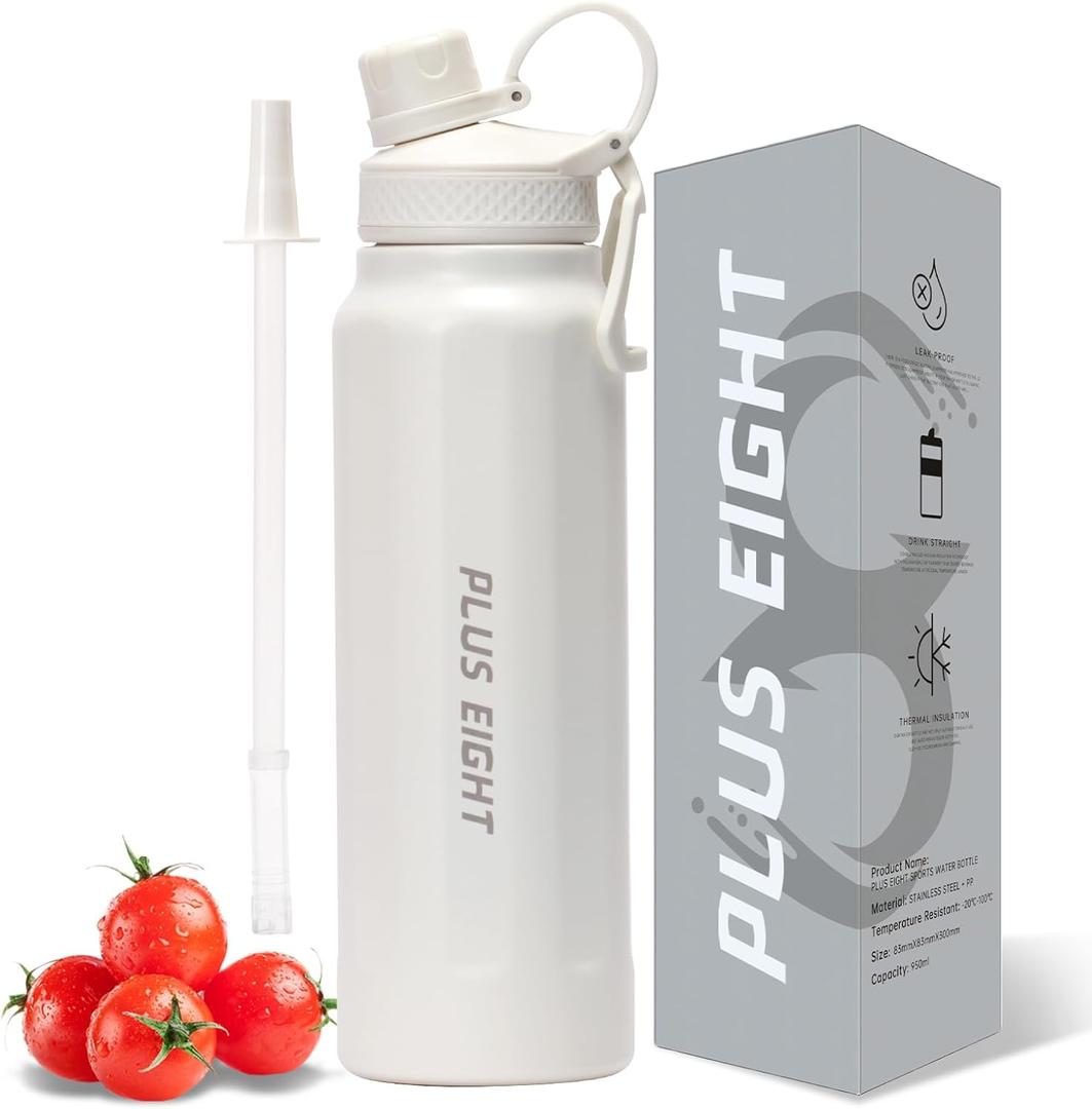 Sports Water Bottle, Insulated Water Bottle With Straw, Stainless Steel Water Bottle Wide Mouth for Sports, Gym or Office, BPA-Free Keep Cold 24H Hot 12H (White, 32 oz), PE-A06