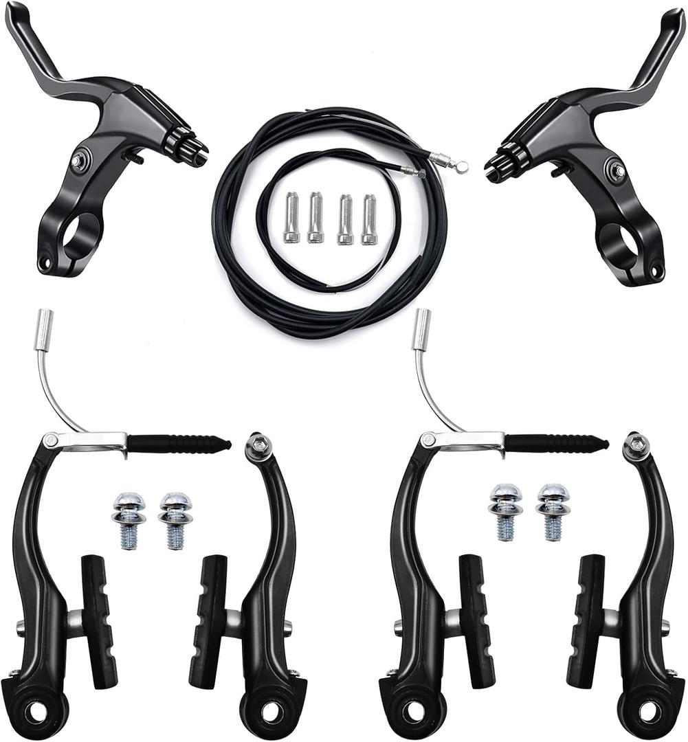 V-Type Bike Brake Set, Complete Universal Bike Front and Rear MTB Brake, Bicycle Brakes, Inner and Outer Cables, Include Brakes Lever Calipers Multi-Tool Wrenches (Dark Black)
