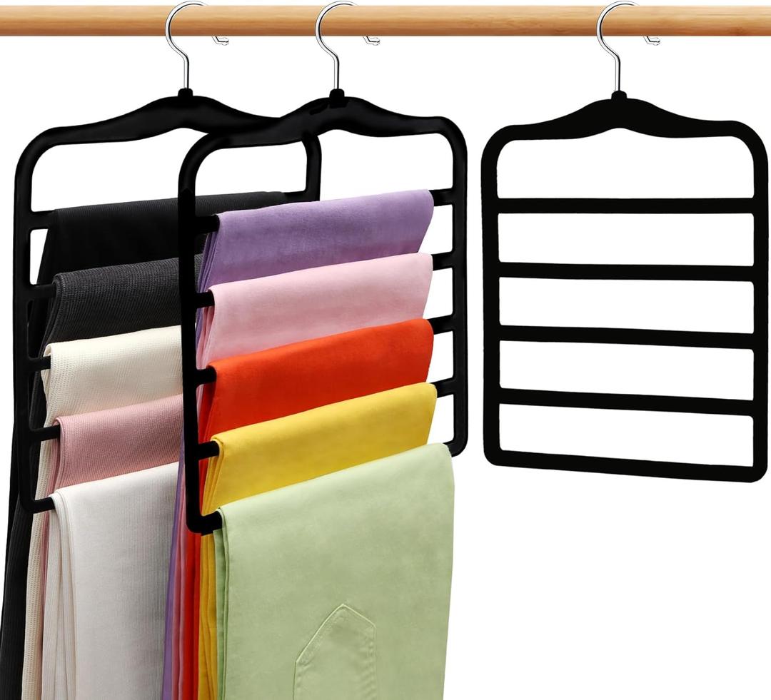 Closet Organizers and Storage,3 Pack Velvet Pants-Hangers-Space-Saving,Non Silp 5 Tier Scarf Jeans Organizer,Dorm Room Essentials for College Students Girls Boys Guys,Organization and Storage (Black)