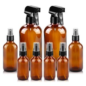 Glass Spray Bottles, 16oz*2+4oz*2+2oz*4 Refillable Containers, Empty Boston Round Bottles with Adjustable Nozzle for Cleaning, Gardening, Aromatherapy, Pets, Plant, Hair -Amber