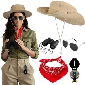 Mepase 5 Pcs Safari Costume for Women Adult Safari Zoo Keeper Explorer Outfit Accessories Include Sun Bucket Hat Binoculars Sunglasses Compass Neck Scarf for Halloween Cosplay
