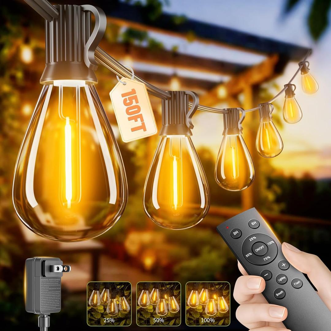 150FT LED Outdoor String Lights with Remote, One Continuous Strand Patio Lights with 55+2 Shatterproof S11 Bulbs, Dimmable 2200K Warm White, Timer & 3 Modes, Low Voltage for Backyard Garden