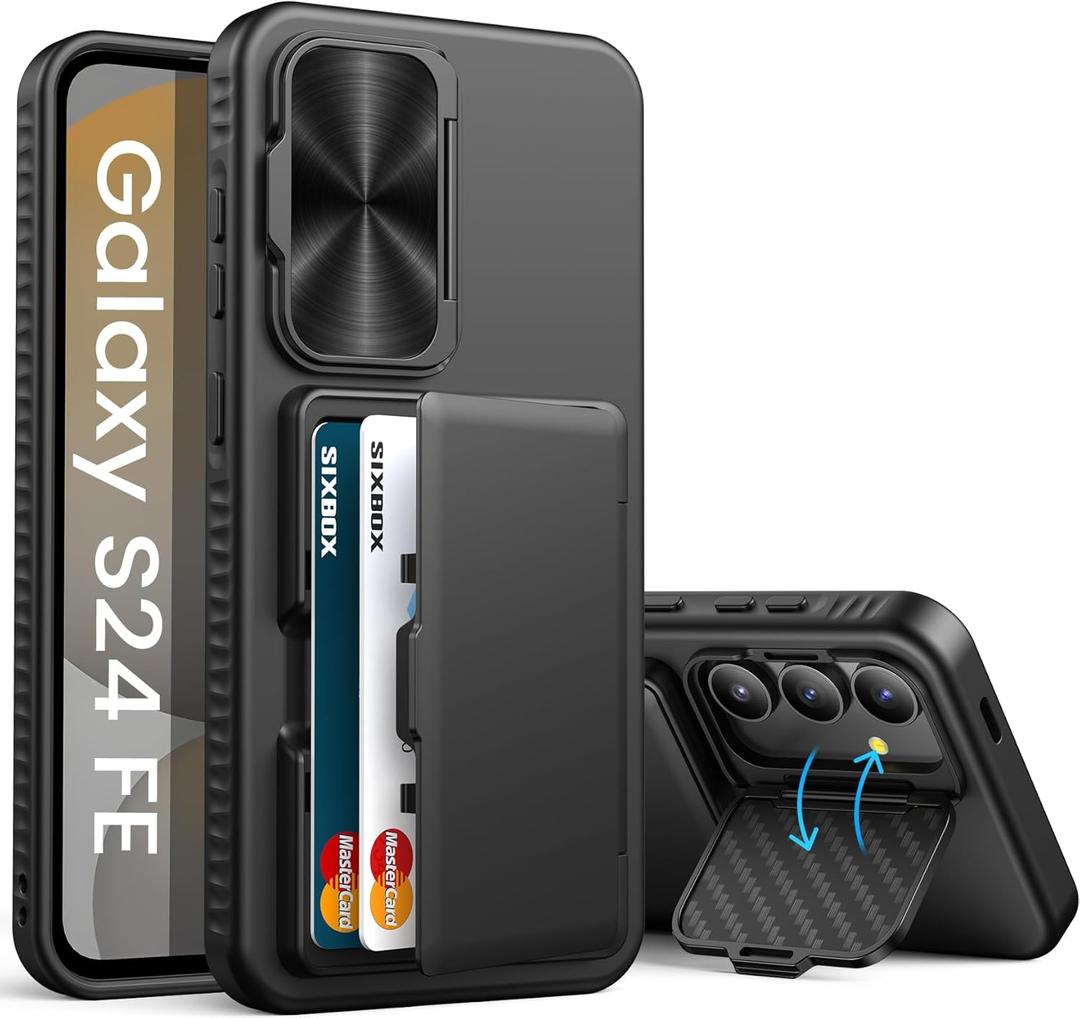 for Samsung Galaxy S24 Fe Case with Card Holder, Built-in & Kickstand & Camera Cover, Full Body Protective Rugged Multifunctional Wallet Stand Phone Cover Case for S24 Fe 6.7" 2024, Black