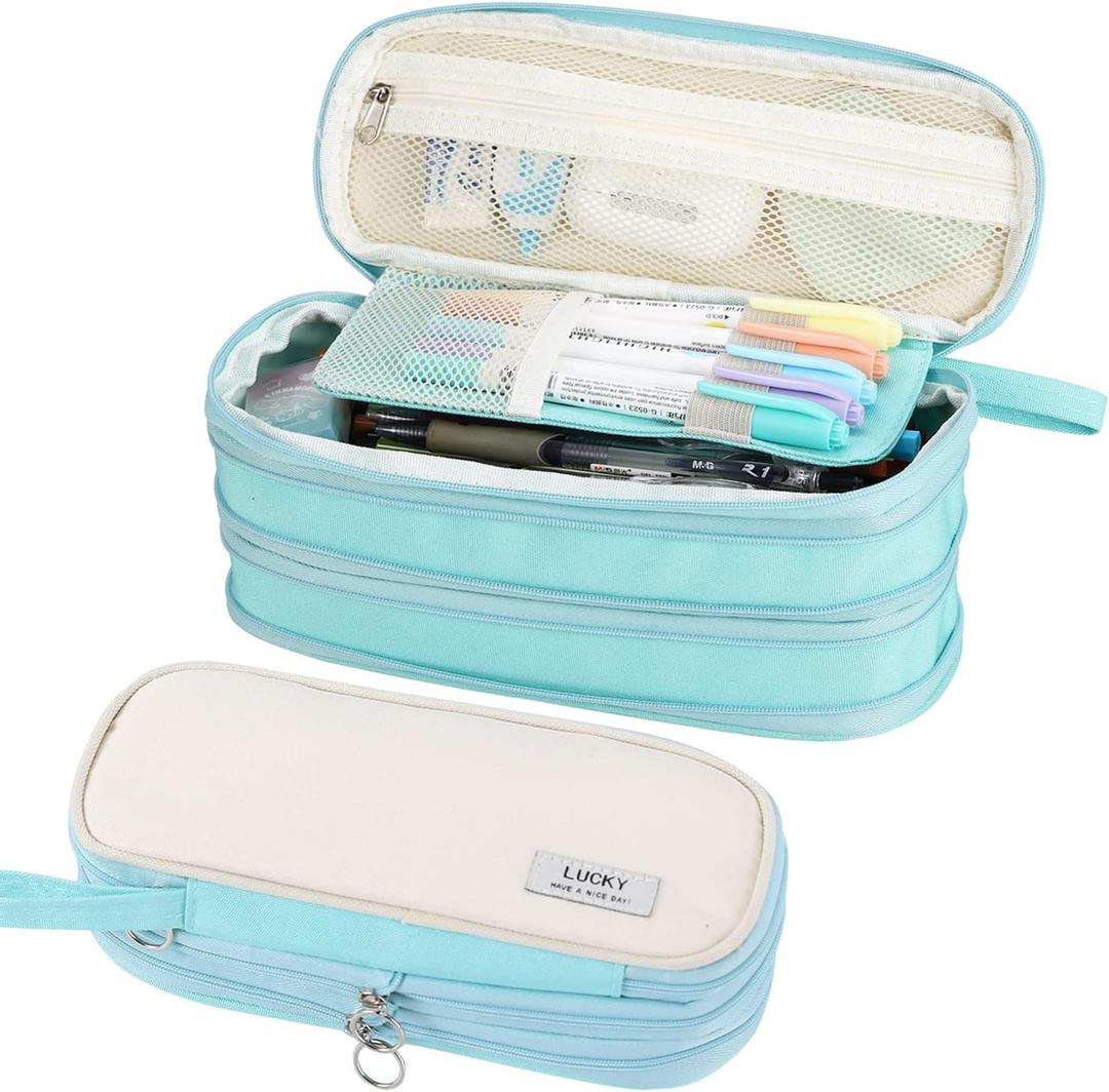 Big Pencil Case Zipper Pencil Pouch Organizer Large Capacity Pen Bag with Handle Portable for Girls Kids Adults Gift Pen Case for School Home Office Light-blue