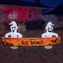 8 Foot Long Lighted Halloween Inflatable White Ghosts with Orange Banner LED Lights Decor Outdoor Indoor Holiday Decorations, Blow up Lighted Yard Decor, Giant Lawn Inflatables Home Family Outside
