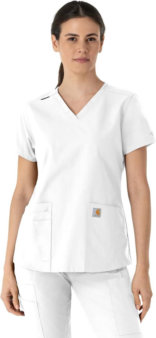 Carhartt Scrubs for Women, Force Essentials, V-Neck Tops with 5 Pockets (White, M)