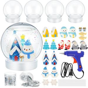 Qunclay 4 Set Upgrade Christmas Clear Plastic Snow Globes Kit, 4 Inch DIY Water Globe Craft Kit with Screw Off Cap, 22 Christmas Fillable Ornaments for DIY Crafts Home Winter Decor (Ice Snow Style)