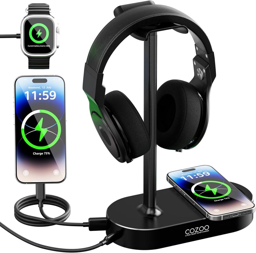 COZOO Headphone Stand with Fast Wireless Charging Pad and 2 USB Charging Ports, Suitable for Gaming, DJ, Wireless Earphone Accessories (Black)