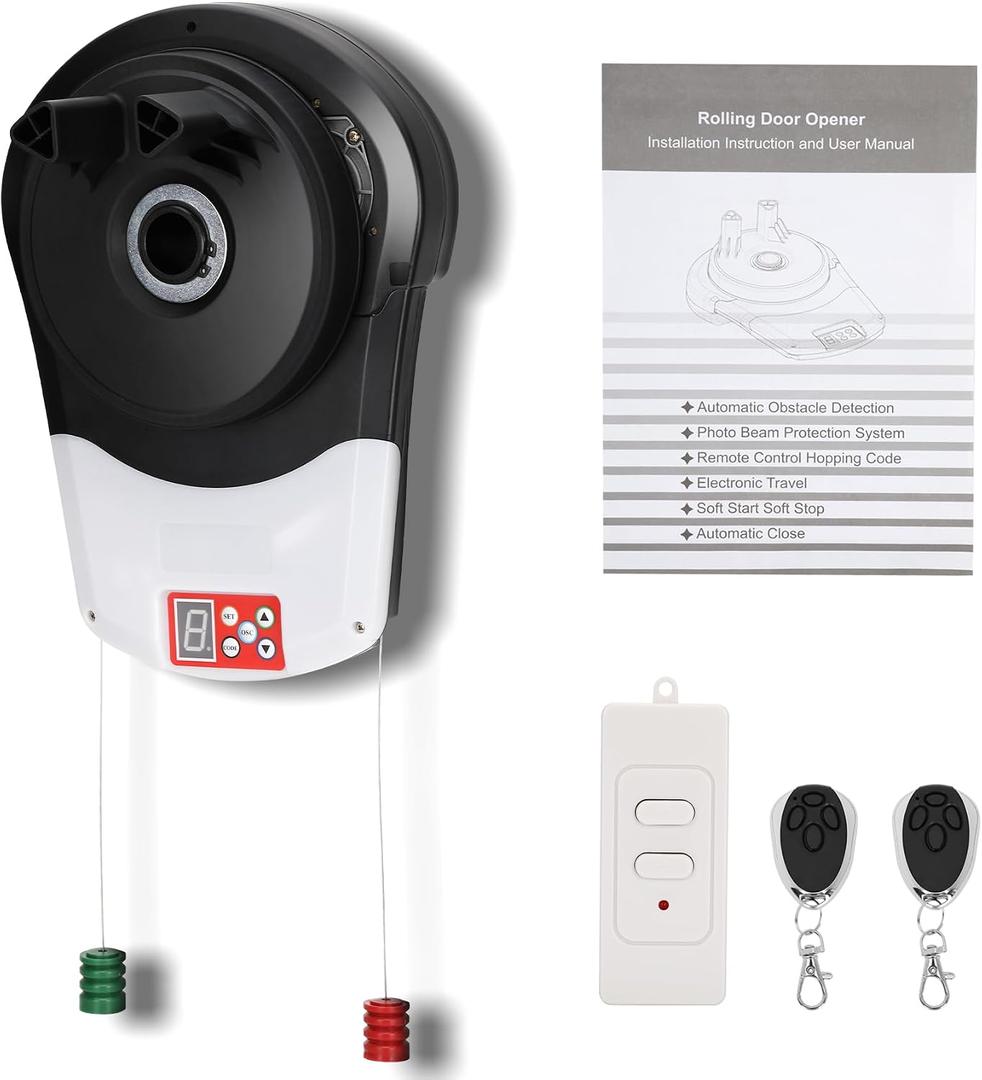 Automatic Roller Door Opener, Roll Up Garage Door Opener with 4 Remotes 800N & Secure Encryption for Garage Warehouse Store & Barn Farm, Wall Mounted