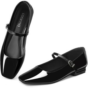 Lookyno Mary Jane Shoes Women Square Toe Mary Jane Flats Casual Ballet Flats with Ankle Strap Dressy Comfortable (8.5, Black)
